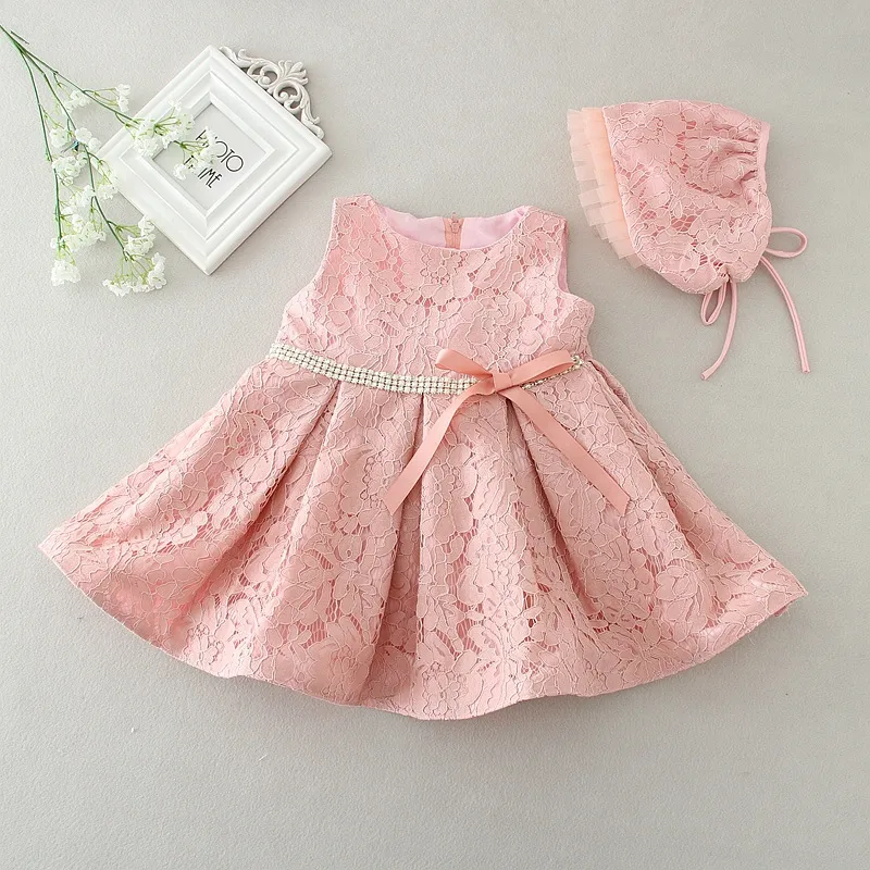 Factory Wholesale 1-11 years Girl Party Dress 2016 New Pink/White Flower Girl Dresses With Hat Kids Evening Gowns 
