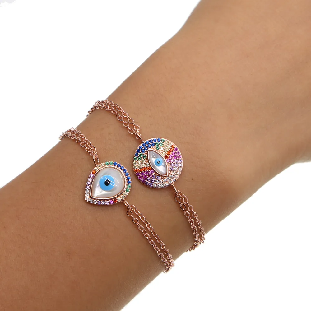 2017 fashion jewelry pave multi color cz rainbow stone mother of pearl evil eye charm double chain rose gold bracelet for girl