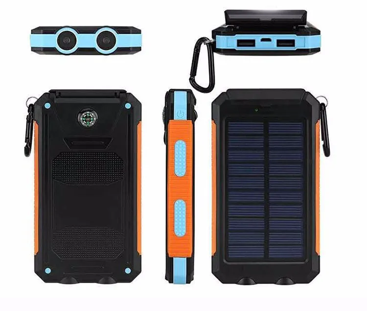 20000mah Travel Portable Waterproof Solar Power Bank 2 USB External Panel Charging Dual LED Light Compass For All Phone