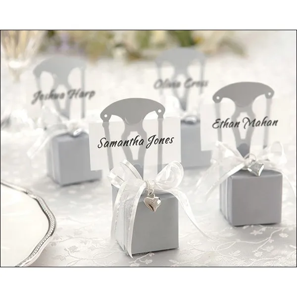 100 Stück Silber Stuhl Bomboniere Pralinenschachtel Hochzeit Gunsten Geschenk heiß mit Band wählen Sie Farbe oder Gold