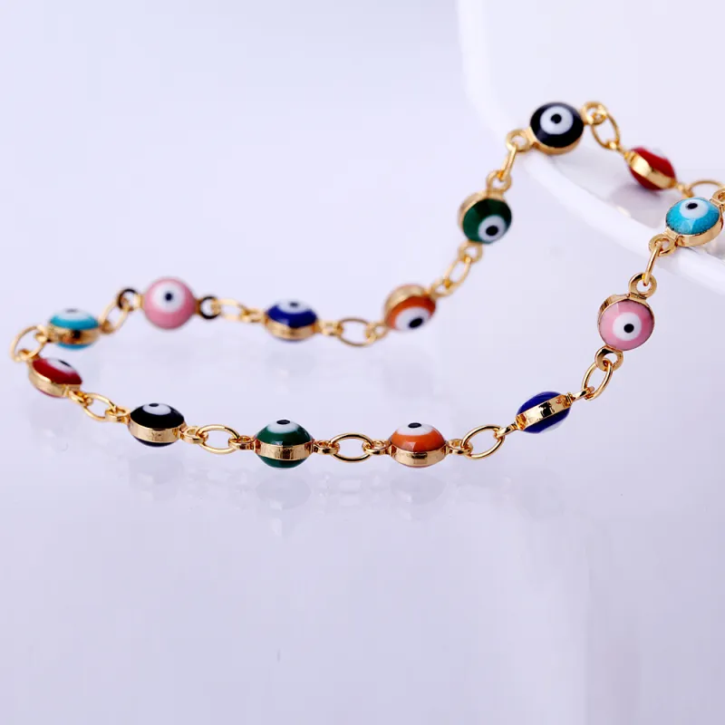 Retro 18K Yellow Gold Plated Multicolor Evil Eye Link Chain Bracelets Bangles Fashion Jewelry Bijoux for Women 20cm 7.87