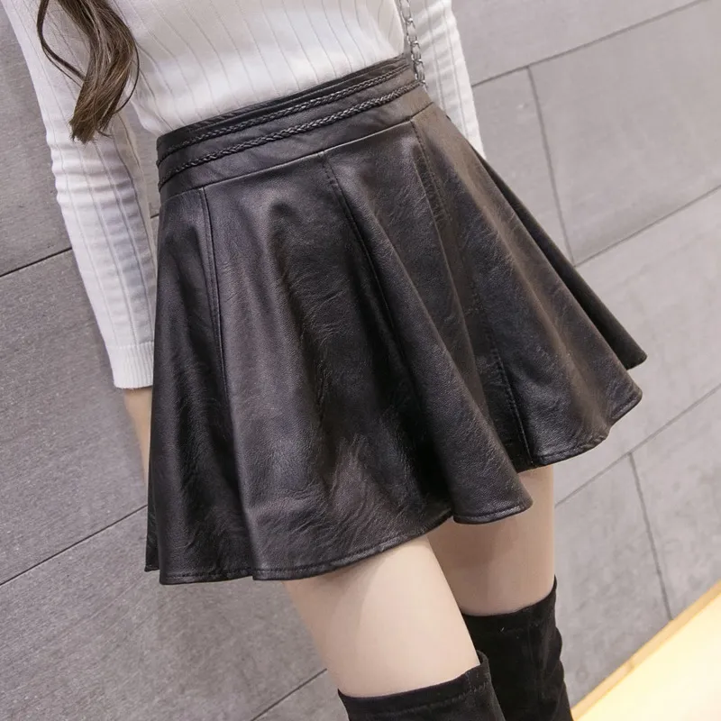 Wholesale-New Fashion Women Faux Leather Cute Mini Skirt Pleated A-line PU Spring/Winter/Summer Back Zippered Skirt 6XL Plus Size