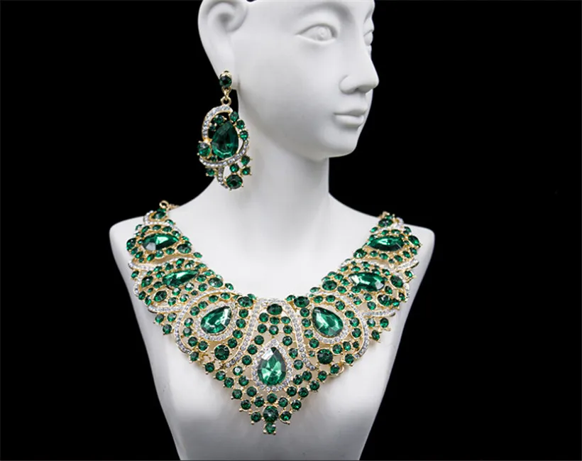 Wholesale Artificial Jewelry Necklace Earrings Set Wedding Bridal Crystal Rhinestone Pendant Necklace Blue Green Red Party Prom Gold Jewelry
