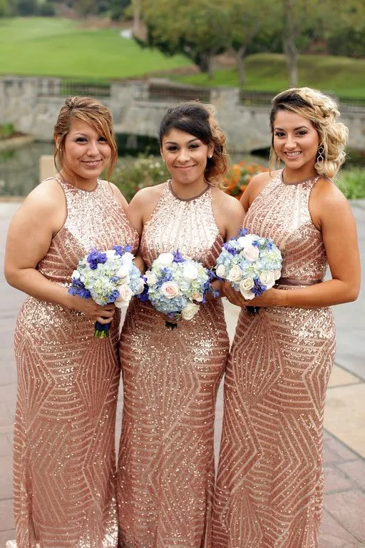 Rose Gold Sequin Bridesmaid Dresses Halter Long A Line Bridesmaid Gowns Charming Country Garden Maid of Honor Gowns