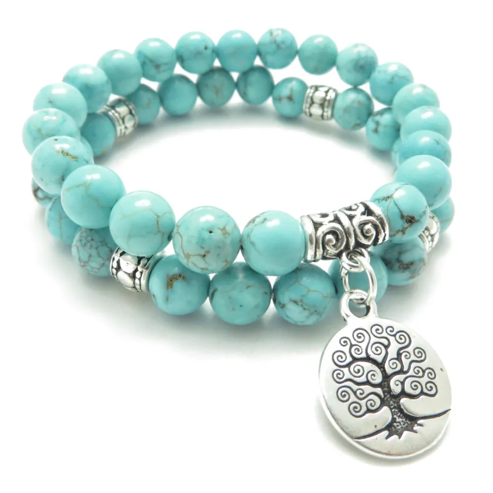 SN0643 Tree of Life Jewelry Yoga Mala Bracelet Turquoise Healing Protection Elastic Beaded Stacking Bracelet Spiritual Jewelry2253