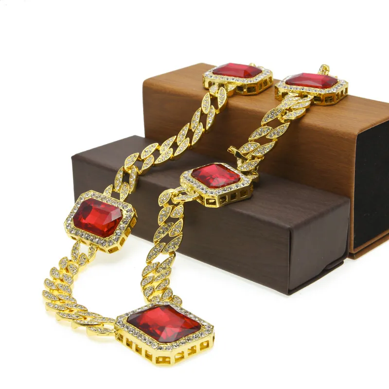 Exagerado Pesado Extragrueso MIAMI CUBAN LINK Colgante de Piedras Preciosas Rojas Cadenas Largas Collar Hombres Moda Hip Hop Diamante Joyas 76cm G2505