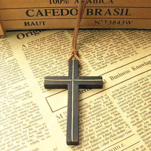 Collier pendentif en bois massif vintage chaîne de cordons en cuir vintage incrusté cuivre hommes femmes bijoux à la main élégant jesus vintag241d