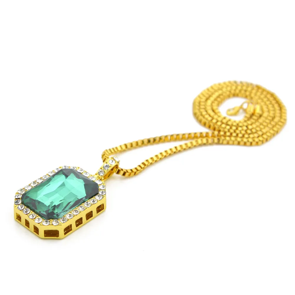 Faux rubis onyx collier pendant carré rouge noir bleu vert blanc pendant 30inch box chaîne masculine bijoux 2866