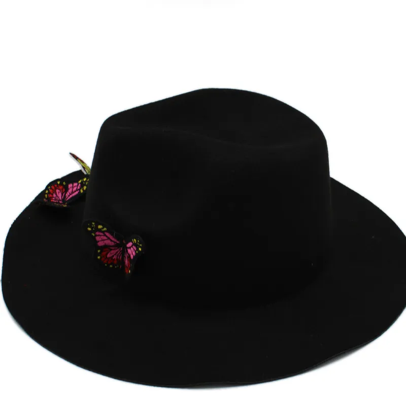 Yaratıcı Üç Kelebek Kadın Geniş Kötü Şapkalar Yün Yumuşak Sıcak Bayanlar Fedoras Katı Disket Cloche Caz Kepleri Şapkalar Sonbahar Kış259v