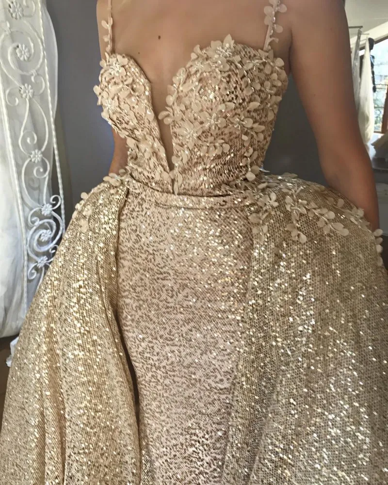Stylish Champagne Sequined Overskirts Dress Evening Wear Spaghetti Sheath Mermaid Prom Gowns Dresses with Detachable Train