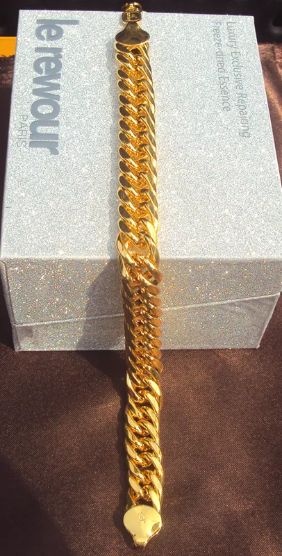 巨大な14Kゴールドヘビーシックメン縁石リンクチェーンブレスレットダブル23 cm 100％リアルゴールドはソリッドではなくお金ではない225r