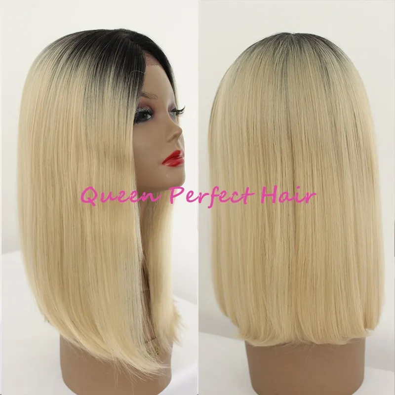 New Fashion Lace Front Wigs Two Tone #1bT#613 Ombre Black&blonde 12inch Straight Short Bob Style Synthetic Heat Resistant Blond Hair wigs