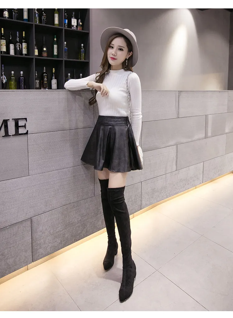 Wholesale-New Fashion Women Faux Leather Cute Mini Skirt Pleated A-line PU Spring/Winter/Summer Back Zippered Skirt 6XL Plus Size