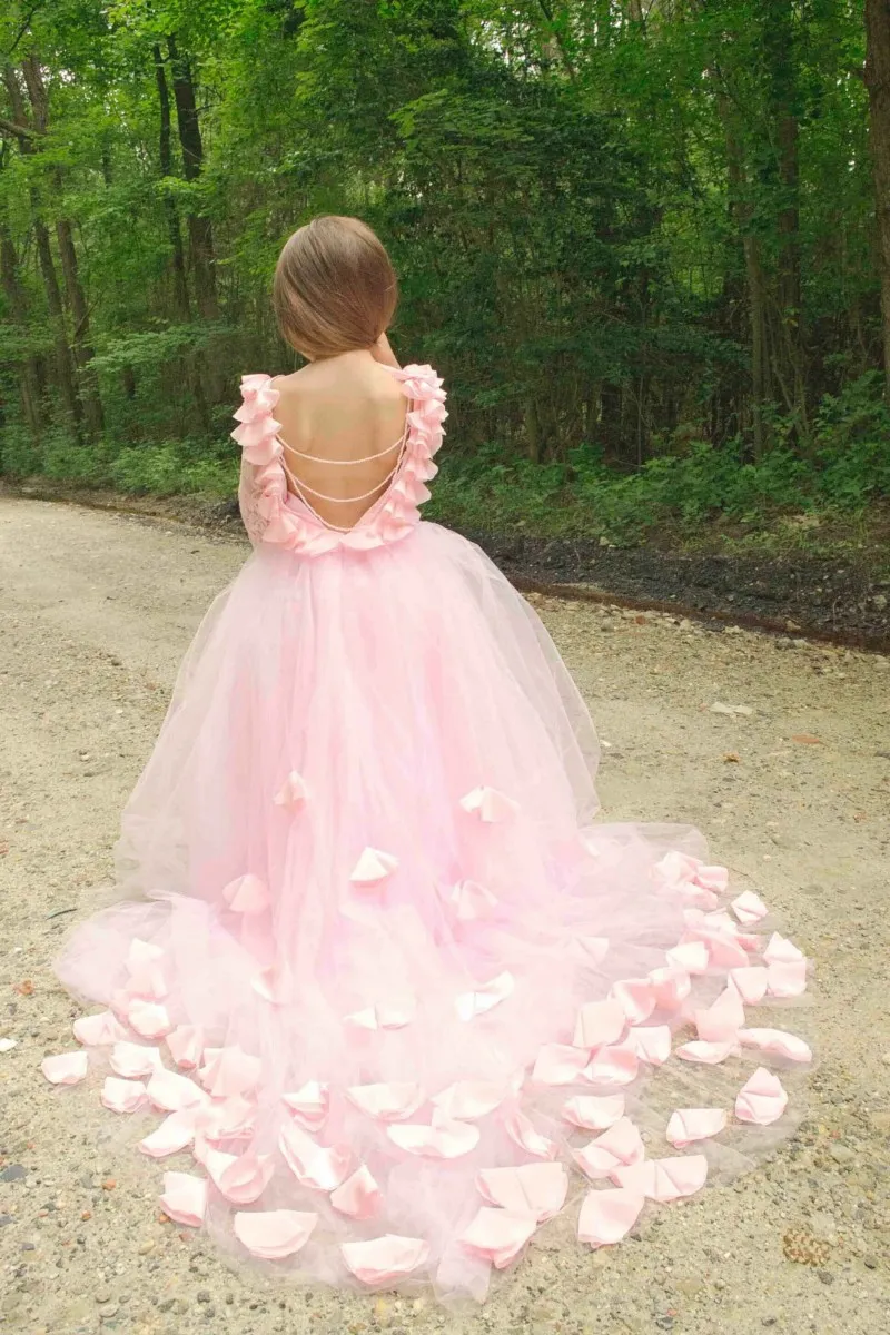 2016 Backless Hot Junior Girls Pageant Gowns Lace Long Sleeves Tulle Princess Prom Party Dresses Pink Flower Girls Dresses For Wedding