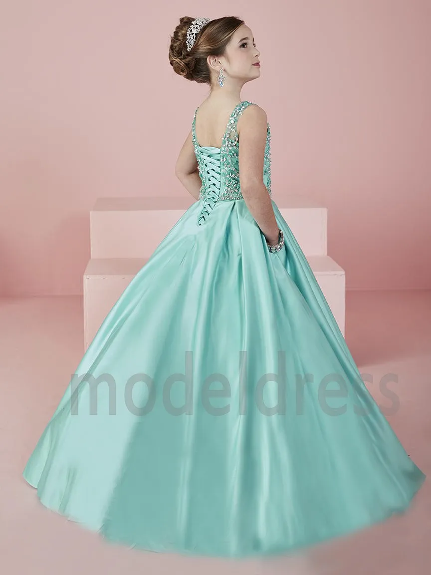 Pageant Vestidos de New Girl Shinning 2019 Flower Verde Sheer Neck contas de cristal de cetim Mint menina vestidos formais vestido de festa para adolescentes Crianças