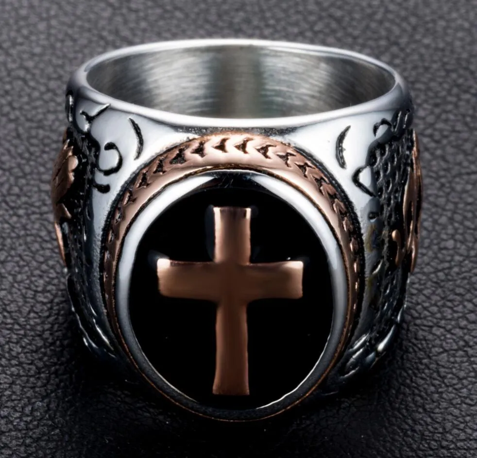 Bague croix celtique médiévale en acier inoxydable pour hommes, Punk, anneaux Rock, argent et noir, taille 7-13205P