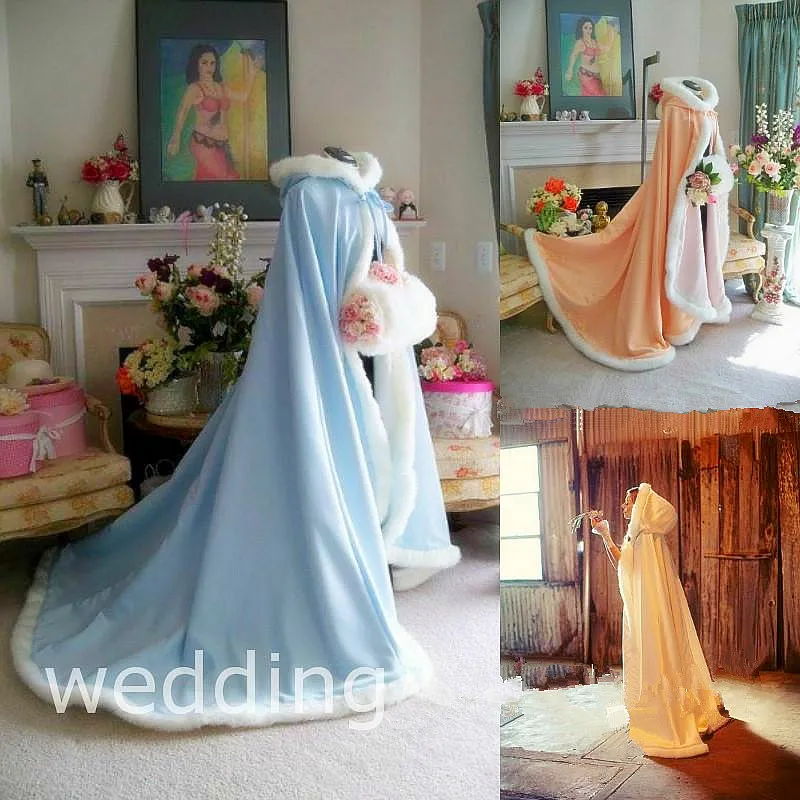 NEW Warm Bridal Cape Wraps Custom Made Winter Wedding Cloak Cape Hooded with Fur Trim Long Bridal Wraps Winter Jacket Coat for Bride