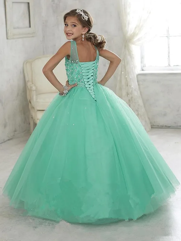 2021 bonito menta verde meninas pageant vestidos tule sheer tripulação pescoço frisado cristais espartilho volta flor meninas aniversário princess204d