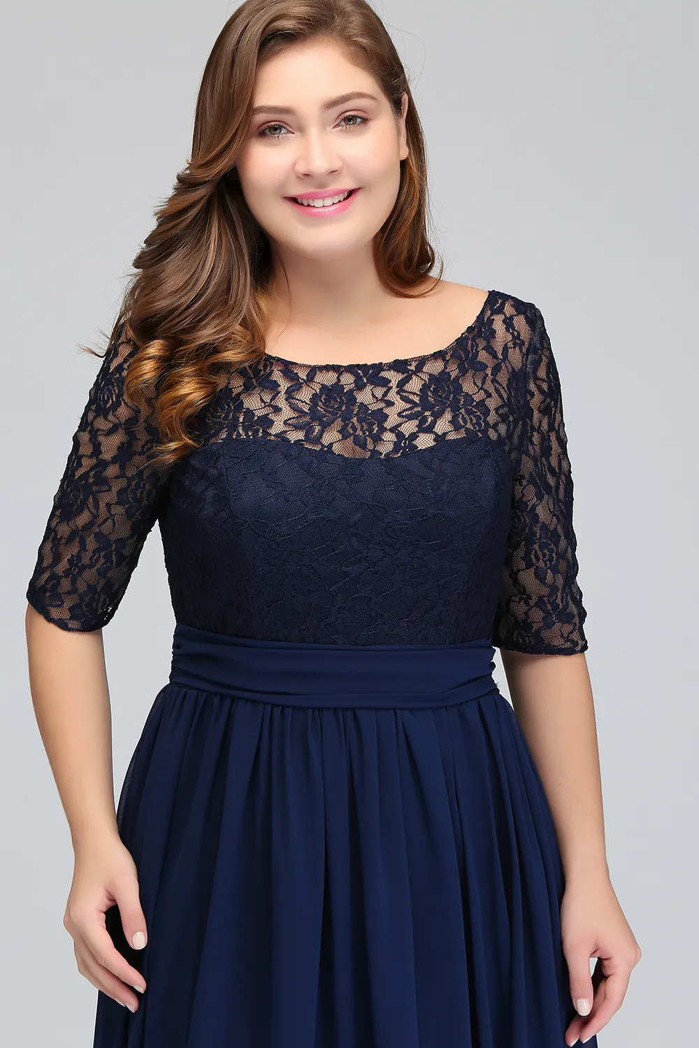 Dark Navy Black Burgundy Half Long Sleeves Plus Size Prom Dresses Lace Top A Line Chiffon V Back Mother of Bride Dresses Cheap Gowns CP 304E