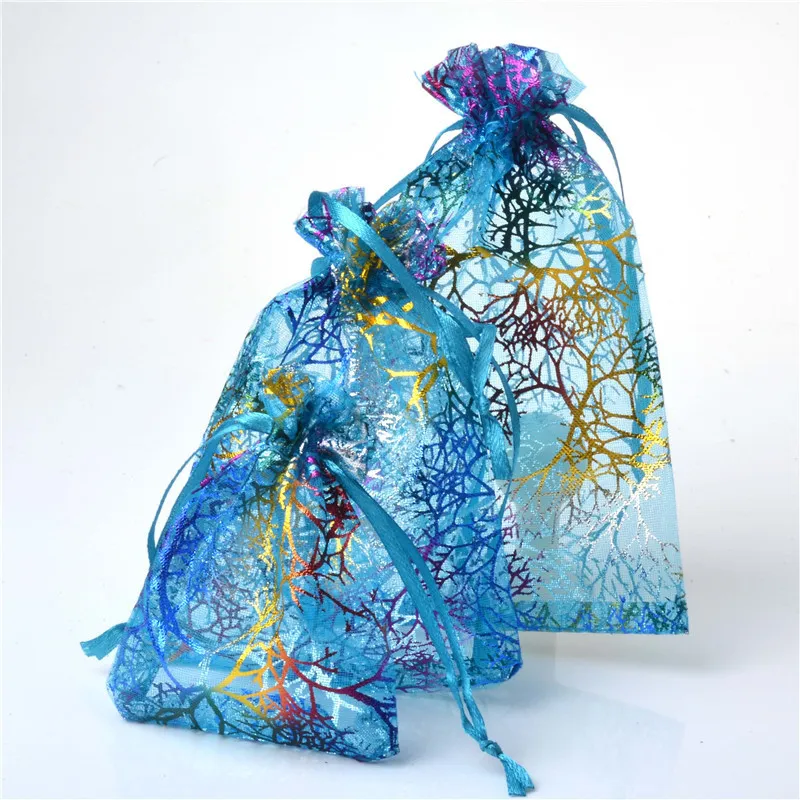 Blue Coralline Organza Drawstring Jewelry Packaging Pouches Party Candy Wedding Favor Gift Bags Design Sheer with Gilding Pattern 236P