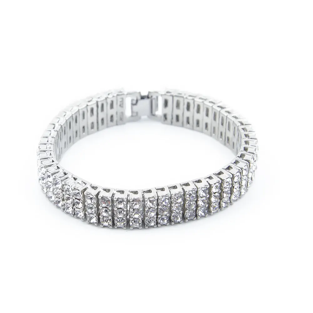 Bracelet pour hommes, finition noir, or et argent, 3 rangées de diamants, simulant un diamant, 8 pouces, 12mm, strass glacé, Hip Hop Bling, ewelry204N