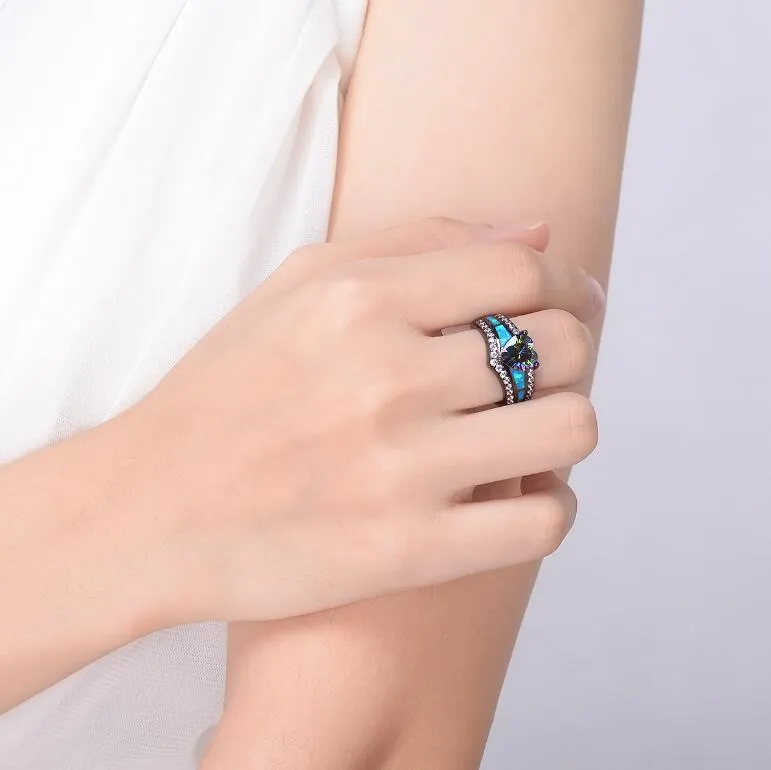 Czarny płaszony niebieski zielony purpurowy kamień niebieski opalowe pierścionki z sercem dla kobiet mody biżuterii Pierścień koktajlowy Prezent 292n