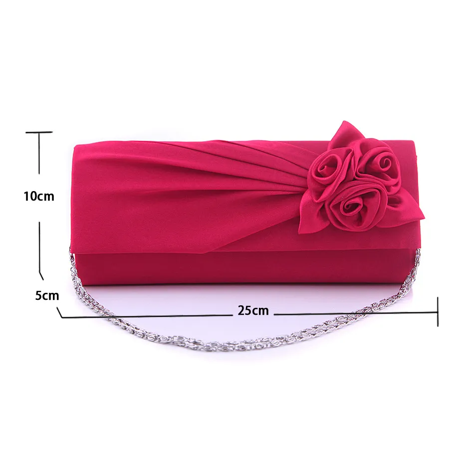 Women Satin Bridesmaid Wedding bag Rose Flower Ruched Clutch Purse Banquet Party Evening Handbags With Chain179s