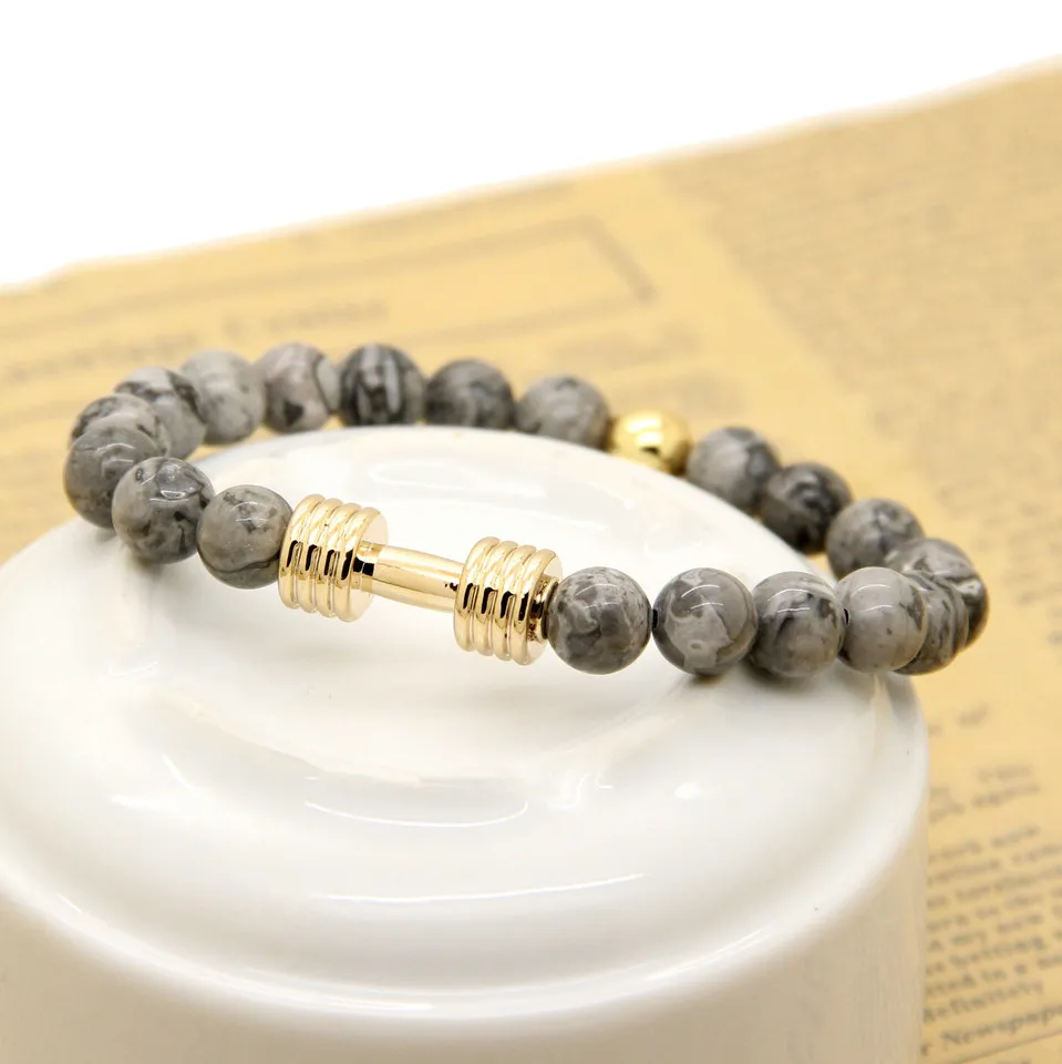 1st. Real Gold Plated Metal Armband New Barbell 8mm Gray Picture Jasper A Grad Tiger Stone Beads Fitness Fashion Dumbell215e