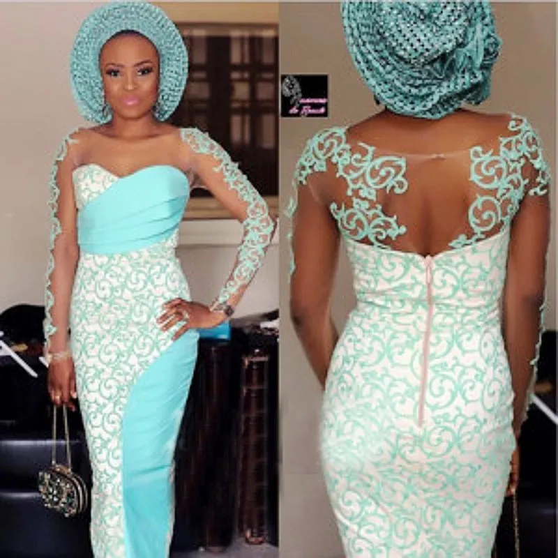 Jewel 2017 Long Sleeves White Evening Dresses With Turquoise Applique Sheath Back Zipper Custom Made Sheer Neck Formal Party Gowns Aso Ebi