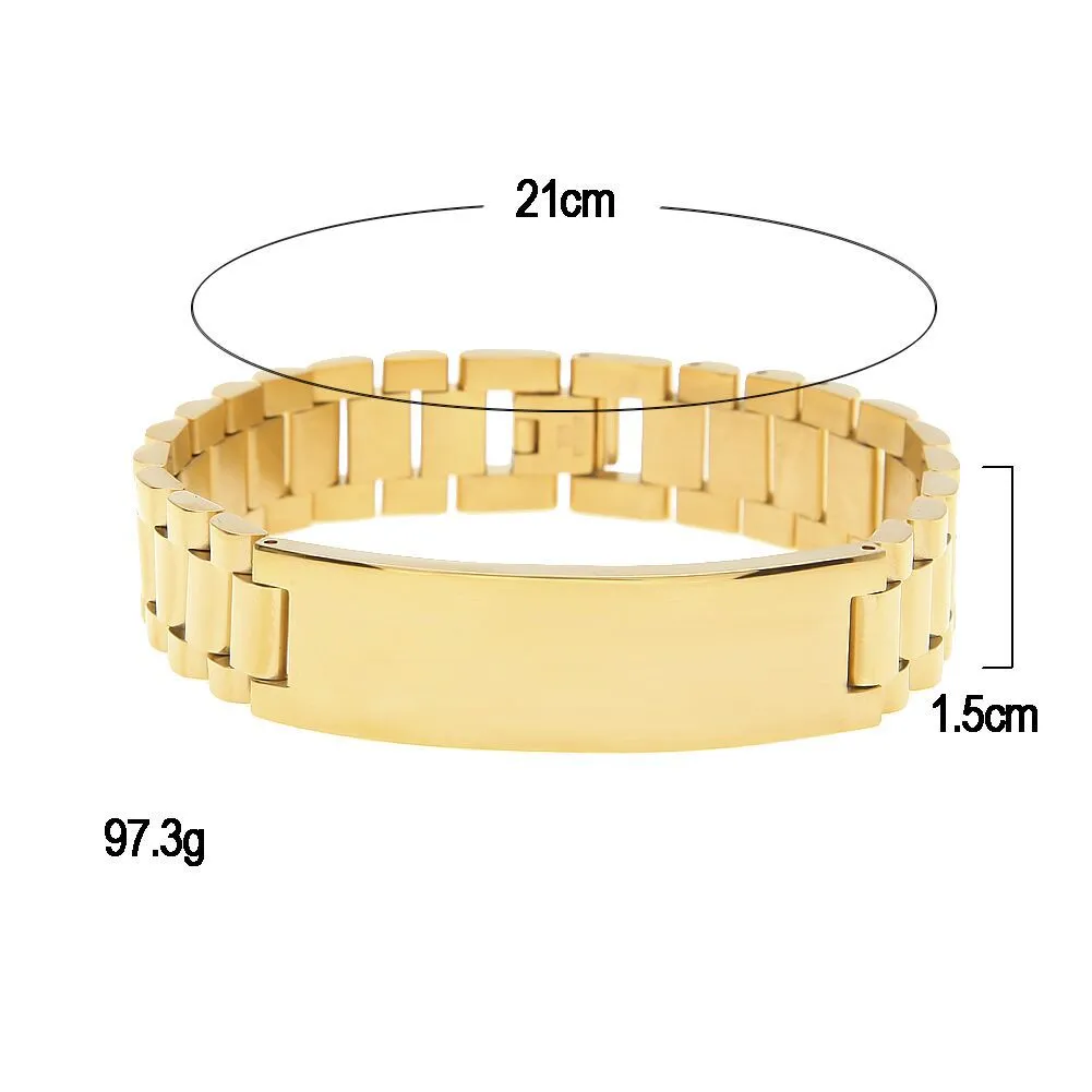 21cm 1 5cm 24k banhado a ouro hiphop pulseira presidente cinta coroa ajustável pulseira de aço inoxidável grande sólido pesado pulseira b228h