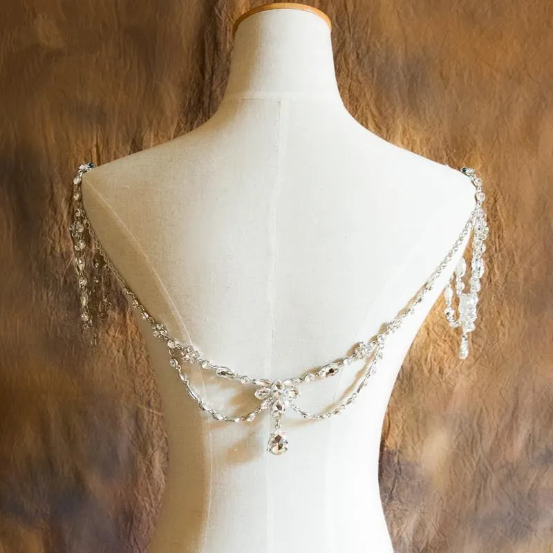 Vintage mariage mariée épaule chaîne collier corps chaîne argent cristal strass fleur gland Wrap bijoux femmes bal pendentif 2429