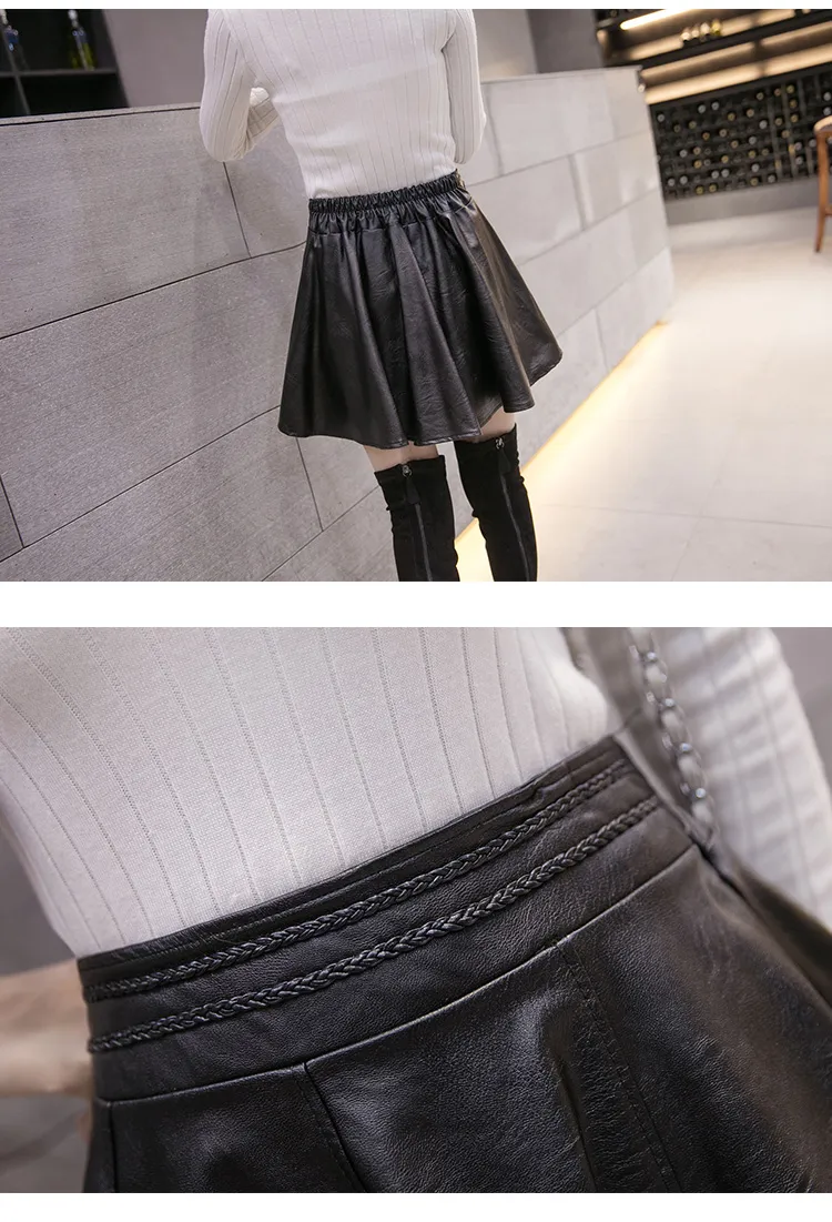 Wholesale-New Fashion Women Faux Leather Cute Mini Skirt Pleated A-line PU Spring/Winter/Summer Back Zippered Skirt 6XL Plus Size