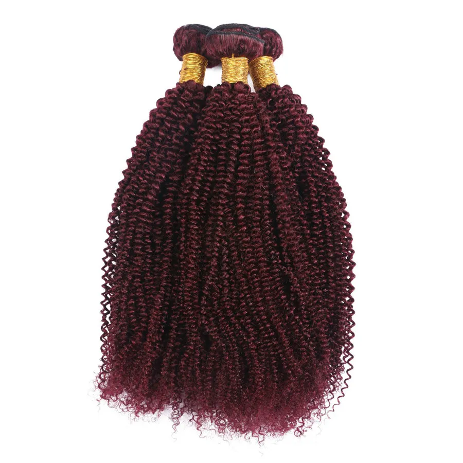 Weinrote Menschenhaar-Schussfäden 3Bundles Kinky Curly Hair Extensions 99j Afro Kinky Curly Peruanische Inder Remy Jungfrau-Haarwebart