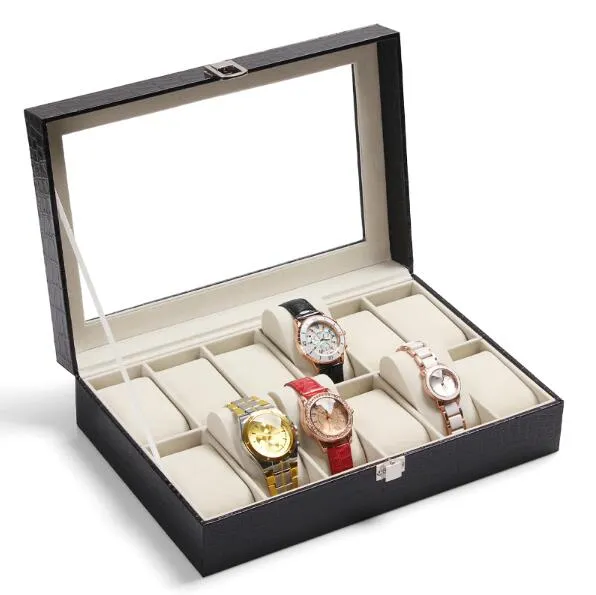 Top Qualität Marke PU Leder Uhr Vitrine Schmuck Sammlung Organizer Box 12 Grid Slots Uhren Display Lagerung Quadratische Box 212H