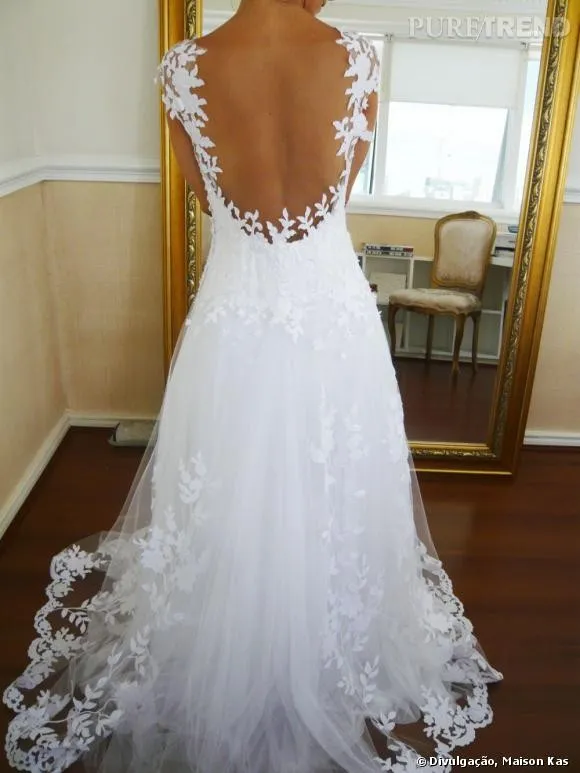 Ready To Ship Cap Sleeve Sweep Train Tulle Wedding Dress See Though Back Applique Lace Bridal Dresses Sexy Vestido De Noiva