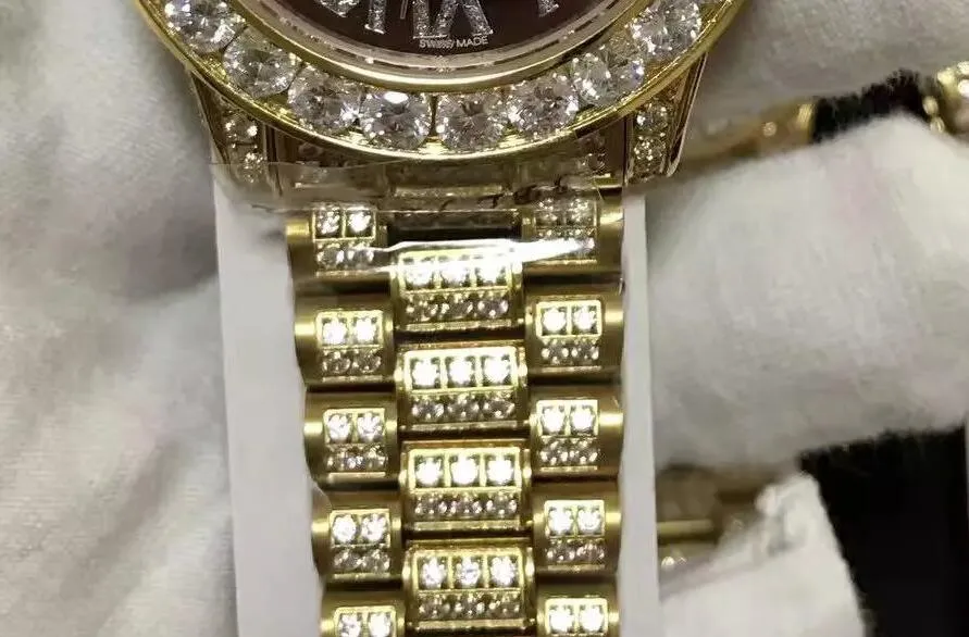 Herren Luxus Präsident Tages-Tag 18k Gold Uhr Big Lünffel Gesicht voller Diamantgurt Edelstahl Freizeitmänner Automatisch mechanisch WR276o