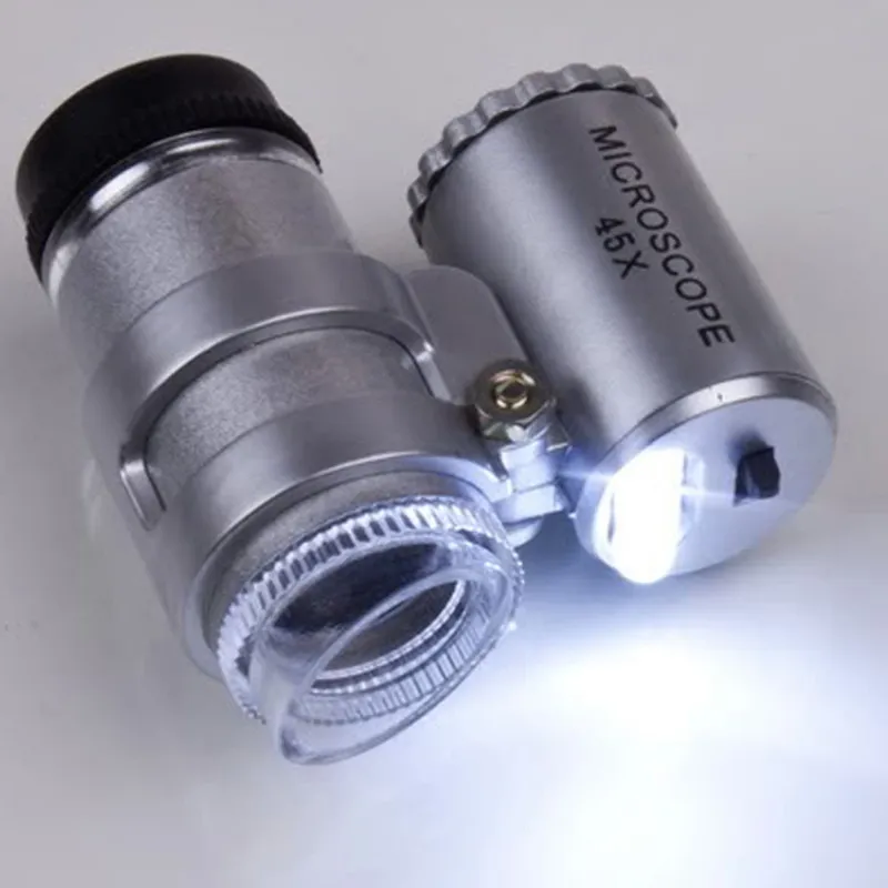 Microscópio 45X Joalheiro Lupa Lupas de jóias Mini Lupas Microscópios de Bolso com Luz LED + Bolsa De Couro Lupa MG10081-4