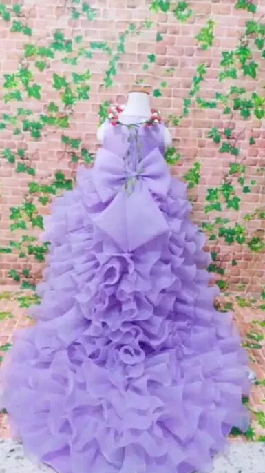 Purple High Low Flower Girl Dresses For Weddings Ruffles Layered Big Bow Jewel First Communion Dress Kids Formal Wear Girls Pageant Dress