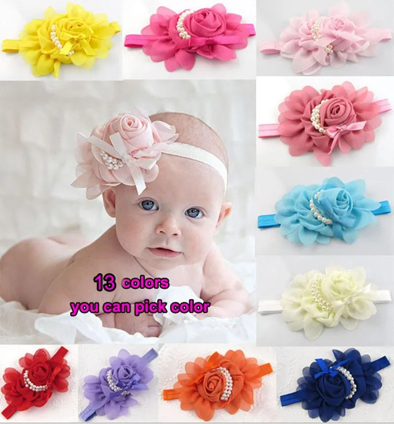 Nette Kinder Baby Mädchen Party Haarschmuck Perle Rose Blume Headwear Dehnbare Haarband Stirnband 13 Farben