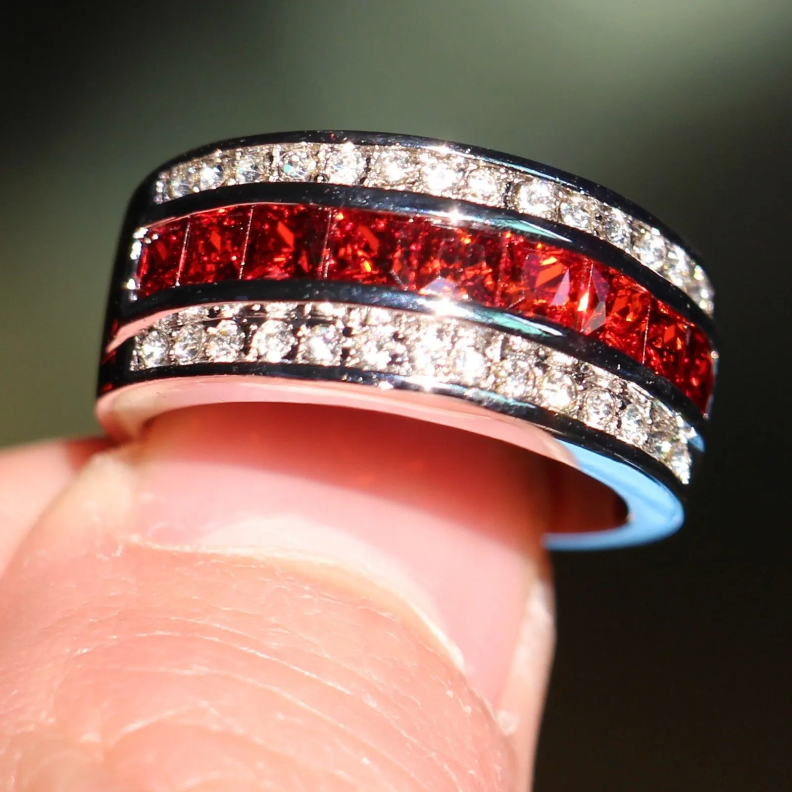 Size 8-12 Fashion Jewelry Antique Jewelry Men Garnet Diamonique Cz Diamond Gemstone 10KT White Gold Filled Wedding Band Ring gift 244D