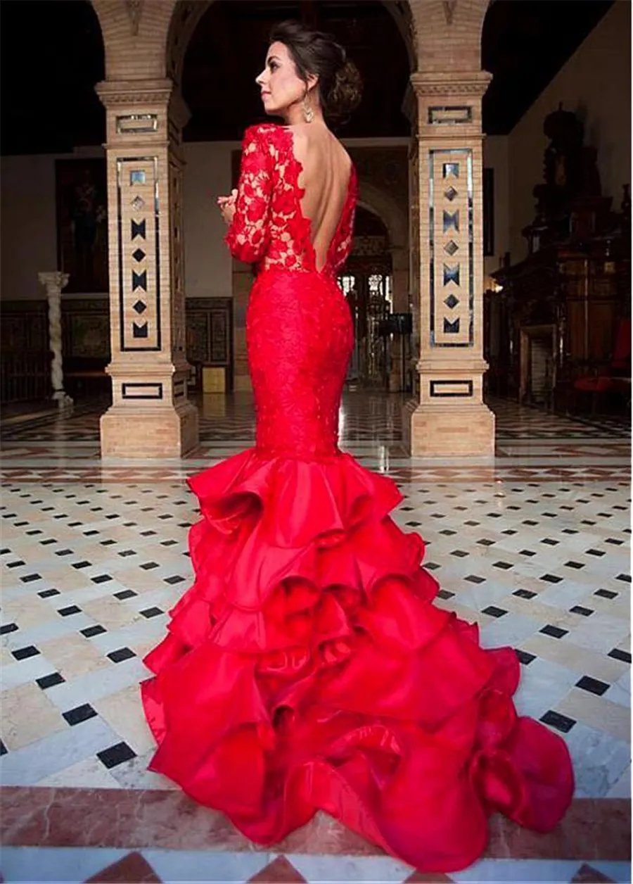 Jewel Neckline Ruffled Mermaid Evening Dresses With Long Sleeves Lace and Satin Ruffled Skirt Red Prom Dress vestidos longos de festa