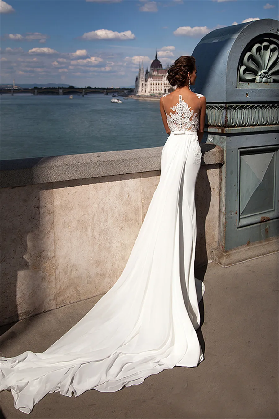 Scoop Applique Lace See Through Mermaid Chiffon Wedding Dress with Detachable Skirt Train Bridal Dress vestido de novia vintage