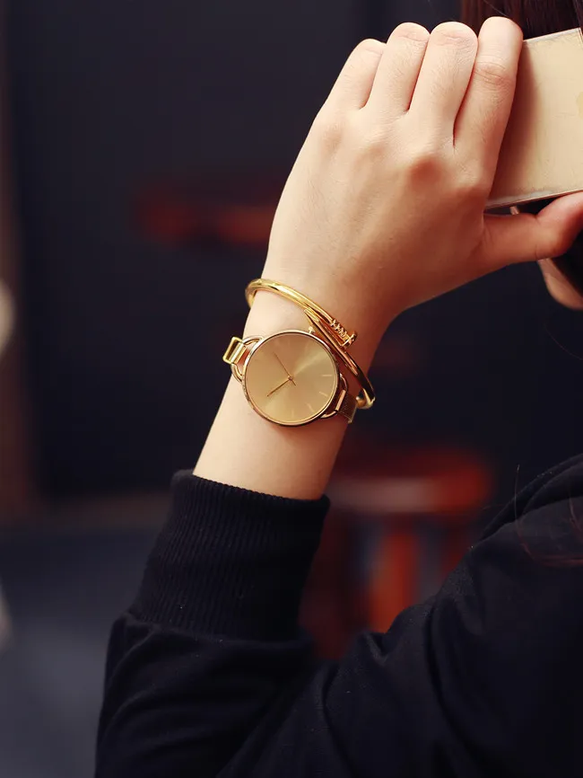 2017 Luxus Goldene Frauen Kleid Armbanduhren Marke Damen Ultra Slim Edelstahl Mesh Mini Armband Gold Quarz Stunden Shi154C