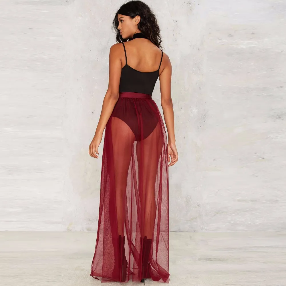 Hot Sexy See Through Over Skirt New Fashion Burgundy Tulle Illusion One Layer Women Skirt With Ribbon Sash High Split Floor Length Cheap
