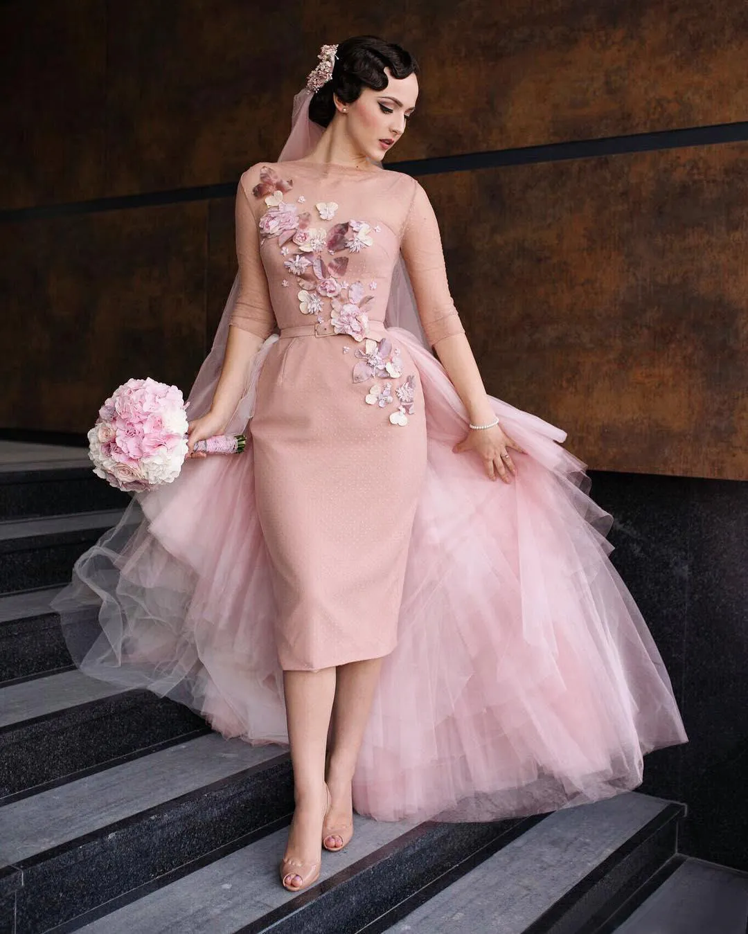 Blush Pink Short Wedding Dresses With Tulle Detachable Train 2017 Summer Sheer Neck Half Long Sleeve Sheath Applique Bridal Gowns