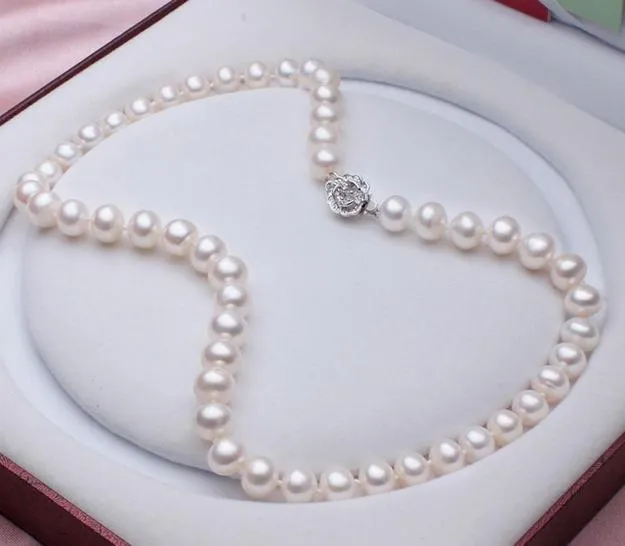 Incantevole collana di perle AKoya bianche autentiche da 8-9 mm con chiusura in argento 925 da 18 pollici283A