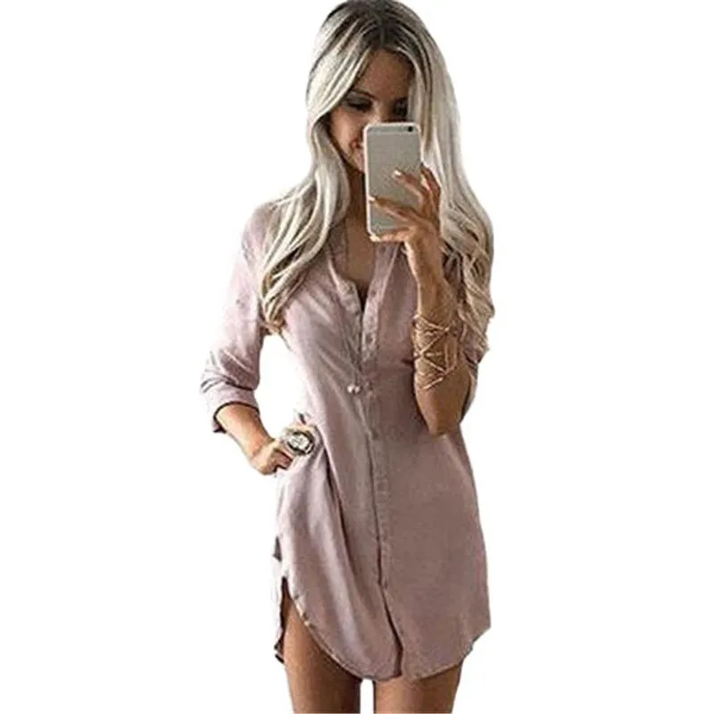 Fahsion Women Dress 2019 Autunno con stampa solida di alta qualità abiti neri da donna con scollo a V Mini abiti casual da spiaggia