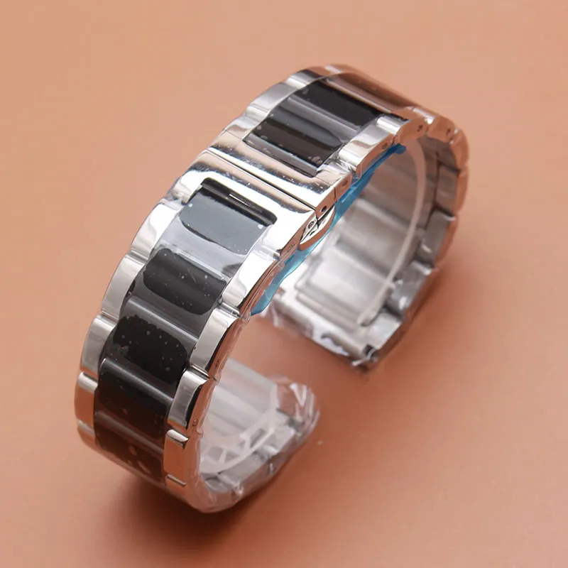 18mm 20mm 21mm 22mm 23 24mm Horlogeband Band Armband met vlindergesp Zilver en zwart gepolijst roestvrij staal metaal w301W