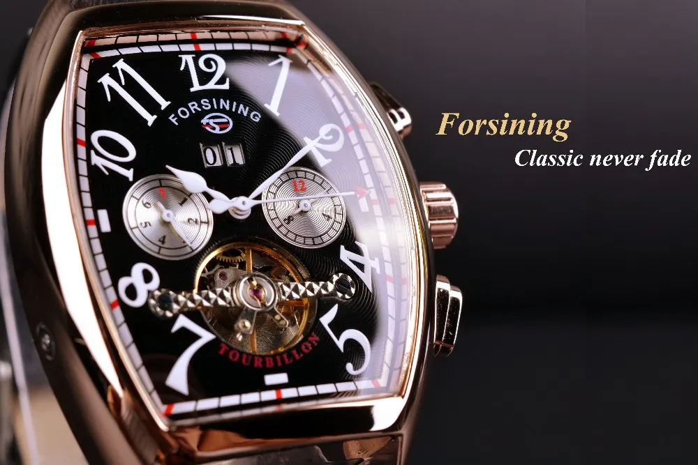 ForSining Square Mechanical Design Rose Gold Case White Dial Brown Leather Strap Mens Watches Top Brand Luxury Automatic Watch319f