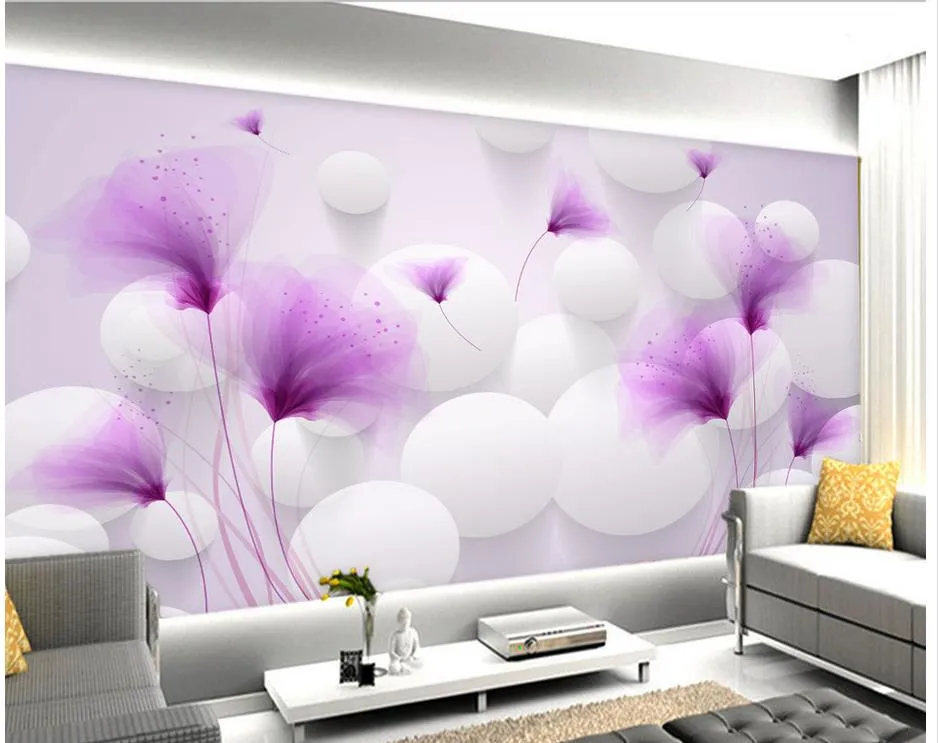 Custom any size Purple flowers romantic lilies transparent ball beautiful 3D background wall